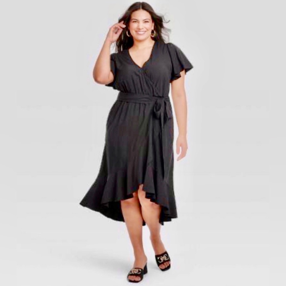NWT Ava & Viv Flutter Sleeve Midi Black Wrap Dress Size XXL - Picture 11 of 16